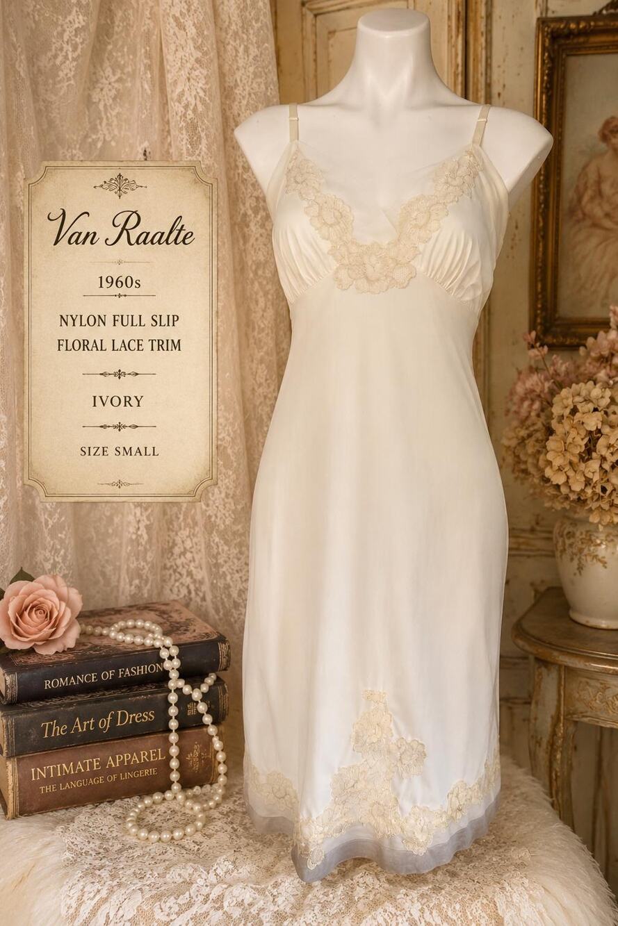 Vintage Van Raalte Ivory Nylon Full Slip 1960s Floral Lace Trim Small